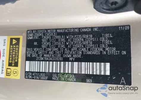 2010 Lexus Rx 350 z USA, uszkodzony, nr VIN 2T2BK1BA3AC039280